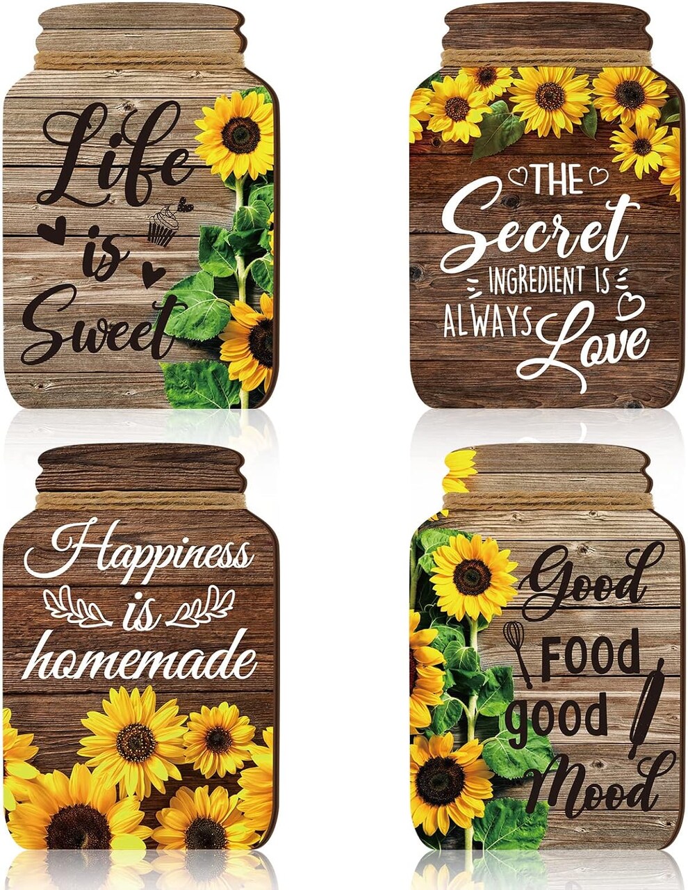 4 Pcs Summer Kitchen Wall Decor Mason Jar Set Wooden Rustic Home Decor Inspirational Kitchen Hanging Farmhouse Wall Signs for Home decoration(Sunflower)